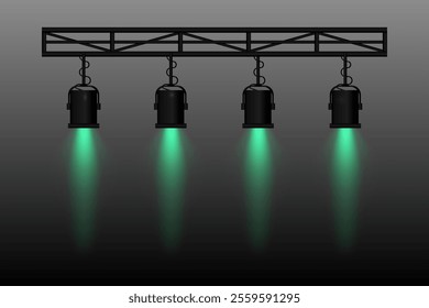 Spotlight set. Four stage lights green beams, hanging from a truss structure. Professional lighting equipment for theater, concerts, shows, and events. Focused illumination, performance settings.