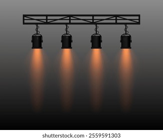 Spotlight set. Four stage lights golden beams, hanging from a truss structure. Professional lighting equipment for theater, concerts, shows, and events. Focused illumination, performance settings.