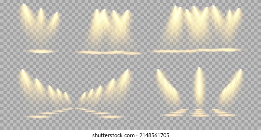 Spotlight set isolated on transparent background. Vector glowing light effect with golden beams and beams
