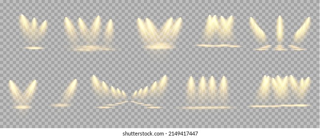 Spotlight set isolated on transparent background. Vector glowing light effect with golden beams and beams
