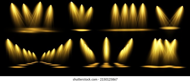 Spotlight set isolated on transparent background. Vector glowing light effect with golden beams and beams
