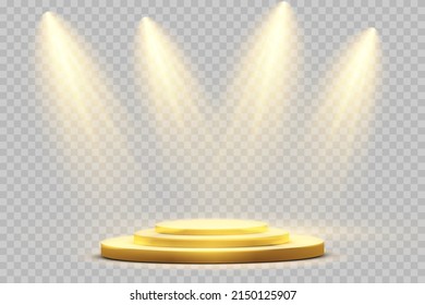 Spotlight set isolated on transparent background. Vector glowing light effect with golden beams and beams
