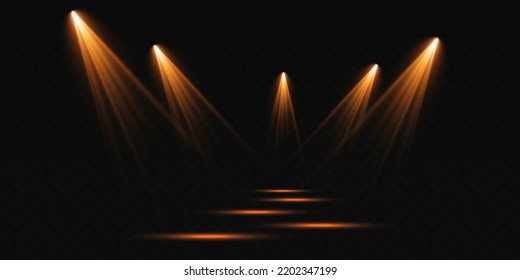 Spotlight set isolated on transparent background. Vector glowing light effect with golden beams and beams
