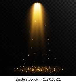 Spotlight set isolated on transparent background. Vector glowing light effect with golden beams and beams

