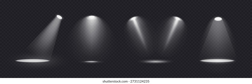 Spotlight definido no saco transparente com efeito de reflexão no chão. Fontes de luz na parede escura, luz de concerto suave realista no palco abstrato png. Cena do projetor branco com raios, ilustração vetorial.