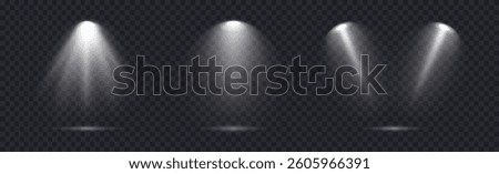 Spotlight set realistic on transparent bg with reflection on floor. Light sources on dark wall, realistic soft concert light on abstract stage png. White projector scene with rays, vector illustration