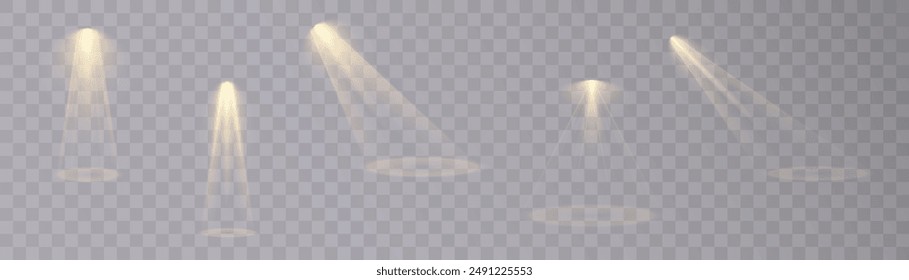 Spotlight. Set of vector isolated light effects of yellow spotlight. White glowing spotlight on a transparent background. Vector 10 EPS