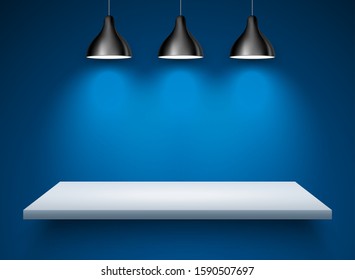 Spotlight shelf on wall background vector design. Light gallery spot empty room advertising shelf lamp.