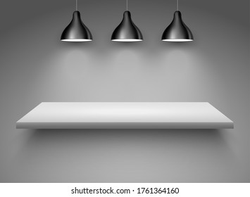 Spotlight shelf on wall background vector design. Light gallery spot empty room advertising shelf white lamp