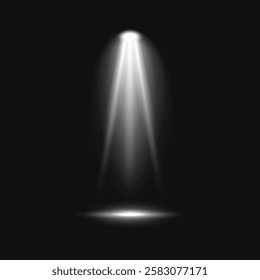 A spotlight shines brightly in the dark, creating a focused beam of light. The spotlight illuminates a small area, emphasizing the spotlight's intensity and focus. Light effect vector.