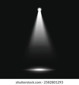 A spotlight shines brightly in a dark space, creating a focused beam of light. The spotlight illuminates a circular area, emphasizing the contrast with the darkness. Light effect vector.