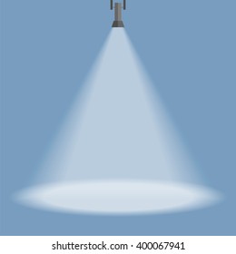 Spotlight shines down isolated on blue background. Black hanging lamp. Design element. Vector illustration,eps 10.