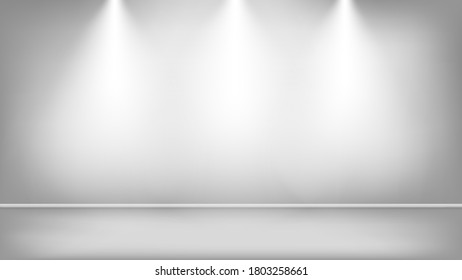 Spotlight shines in gray room, studio. Light from lamp. Vector illustration
