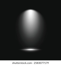 A spotlight shines on a dark stage, creating a dramatic, focused light effect. The spotlight illuminates a circular area, emphasizing the spotlight's intensity. Light effect vector.dramatic lighting; 