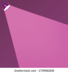 Spotlight Shines On A Purple Background. Creative Poster Concept Vector Template With Space For Your Text Or Logo. Advertising In The World. 3v Flashlight