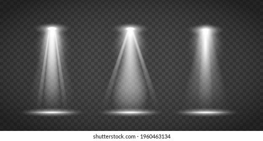 The spotlight shines on the stage. Glowing light effects isolated on a transparent background. Lighted scene. Bright white lighting with spotlights, projector light effects, scene. Vector illustration