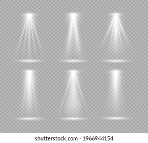 The spotlight shines on the stage. Glowing light effects isolated on a transparent background. Lighted scene. Bright white lighting with spotlights, projector light effects, scene. Vector illustration