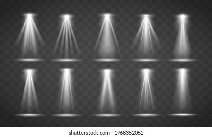 The spotlight shines on the stage. Glowing light effects isolated on a transparent background. Lighted scene. Bright white lighting with spotlights, projector light effects, scene. Vector illustration