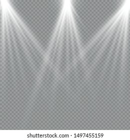 The spotlight shines on the stage. light exclusive use lens flash light effect. light from a lamp or spotlight. lighted scene. podium under the spotlight. Set of white spotlight isolated.