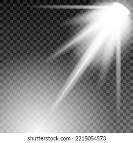 El foco brilla en el escenario.   luz de una lámpara o foco. efectos especiales sobre el fondo transparente. Ilustración del vector