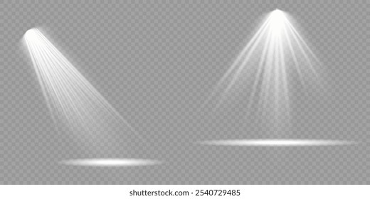 El foco brilla en el escenario. luz de uso exclusivo efecto de luz de flash de lente. luz de una lámpara o foco. escena iluminada. podio bajo el foco.