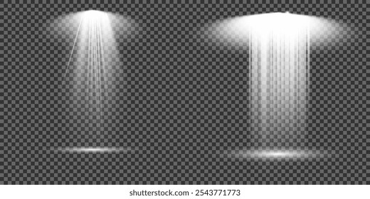 O holofote brilha no palco. luz exclusiva uso lente flash efeito luz. luz de uma lâmpada ou holofote. cena iluminada. pódio sob o holofote.