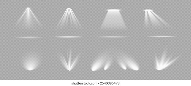 The spotlight shines on the stage. Llight from a lamp or spotlight. Lighted scene. Podium under the spotlight.