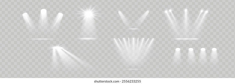 The spotlight shines on the stage. Llight from a lamp or spotlight. Lighted scene. Podium under the spotlight