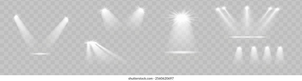 The spotlight shines on the stage. Llight from a lamp or spotlight. Lighted scene. Podium under the spotlight