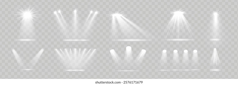 The spotlight shines on the stage. Llight from a lamp or spotlight. Lighted scene. Podium under the spotlight.