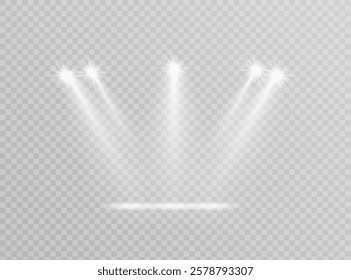 The spotlight shines on the stage. Llight from a lamp or spotlight. Lighted scene. Podium under the spotlight