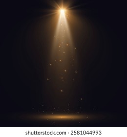Spotlight shines on the stage, stage, podium. Bright lighting with spotlights. Spot lighting of the scene. Lens effect from lamp or spot