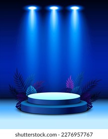 spotlight shines on the stage, scene, and podium. Bright lighting with spotlights. Spotlighting of the stage. Lens flashlight effect from a lamp or spot