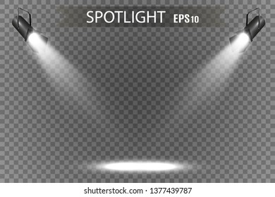 The spotlight shines on the stage.Llight from a lamp or spotlight. Lighted scene. Podium under the spotlight. 