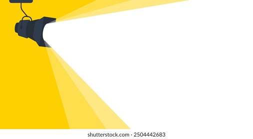 Spotlight is shining a bright light beam on a yellow background with copy space