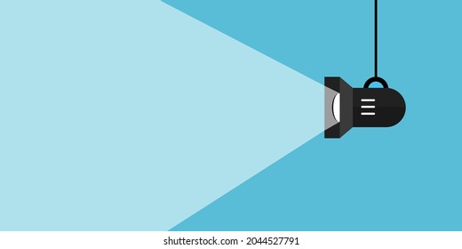 Spotlight shining flat illustration. Movie spotlight on blue background