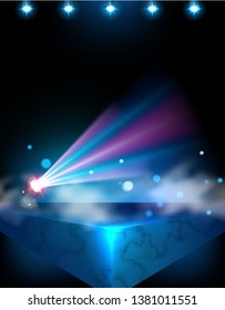 Spotlight with shiny light and particles. Vector festive illuminated glow backdrop design of spot light and stage