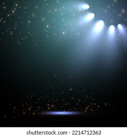 Luz solar con luz brillante y partículas. Diseño de fondo luminoso vectorial festividad iluminado de luz spot y escenario.