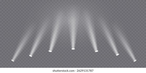 Fontes de holofote ao redor da cena, efeito de luz de concerto com brilho, lanterna de ouro definido em fundo transparente. Efeito de destaque de volume 3D em fundo escuro. Cena de teatro vazia. Ilustração realista.