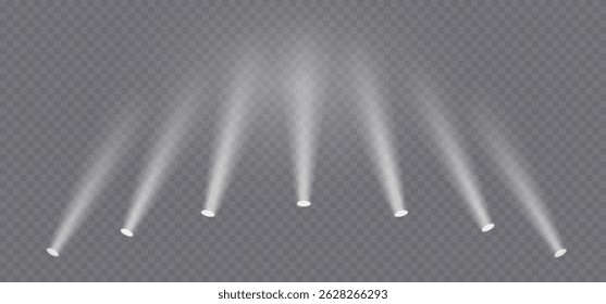Fontes de holofote ao redor da cena, efeito de luz de concerto de prata, lanterna de ouro em fundo transparente. Efeito de destaque de volume 3D em fundo escuro. Cena de teatro vazia. Ilustração vetorial realista.
