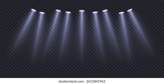 Spotlight sources, concert light effect, flashlight set on transparent background. 3D volume light effect on dark bg. Empty theater scene. Realistic vector illustration.