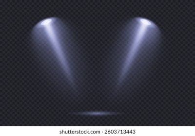 Spotlight sources on dark transparent background, two realistic soft concert light on abstract png stage. White projector scene with blue rays, vector illustration.