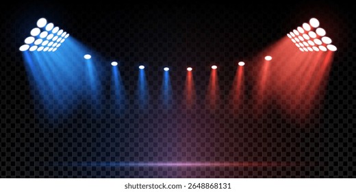 Spotlight sport stage with red blue lighting and dark arena background. Shows floodlights, glitter effects and dramatic beams. Scene evokes competition, show and entertainment energy eps illustration