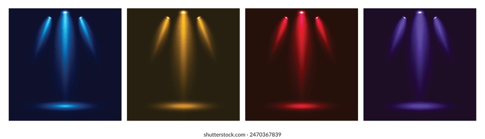 Spotlight stage backdrop in blue, red, yellow and purple color. Background for displaying products.