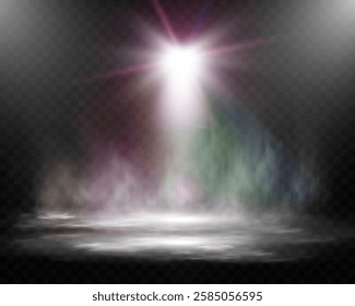 Spotlight stage background with fog and transparent effect. Realistic illuminated empty scene with dramatic lighting.