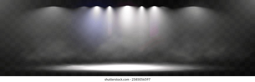 Spotlight stage background with fog and transparent effect. Realistic illuminated empty scene with dramatic lighting.