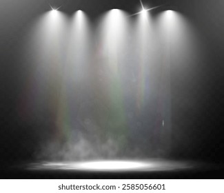 Spotlight stage background with fog and transparent effect. Realistic illuminated empty scene with dramatic lighting.