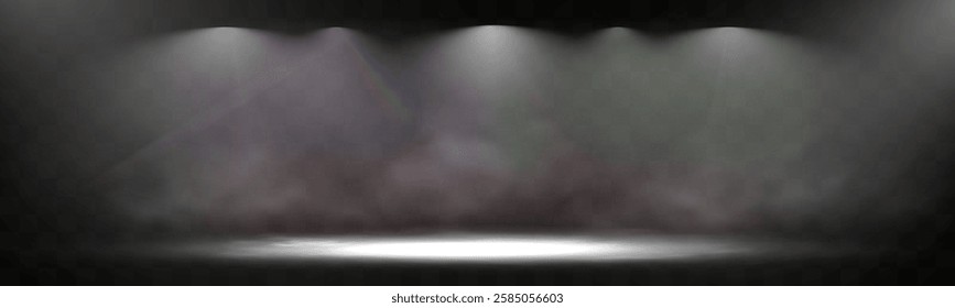 Spotlight stage background with fog and transparent effect. Realistic illuminated empty scene with dramatic lighting.