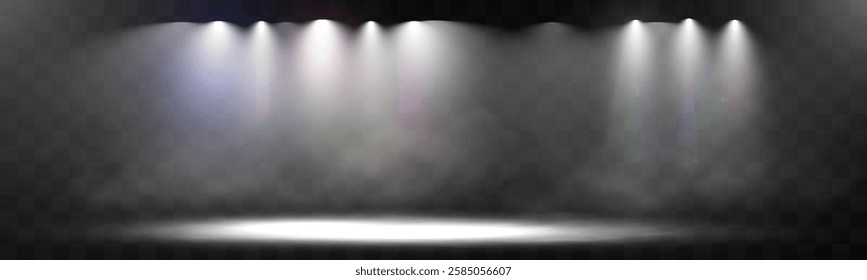 Spotlight stage background with fog and transparent effect. Realistic illuminated empty scene with dramatic lighting.