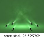 Spotlight Stage Background With Green Lighting and Smoke. Realistic 3D Studio Scene With Beam Effect and Dramatic Light. Vector Illustration.